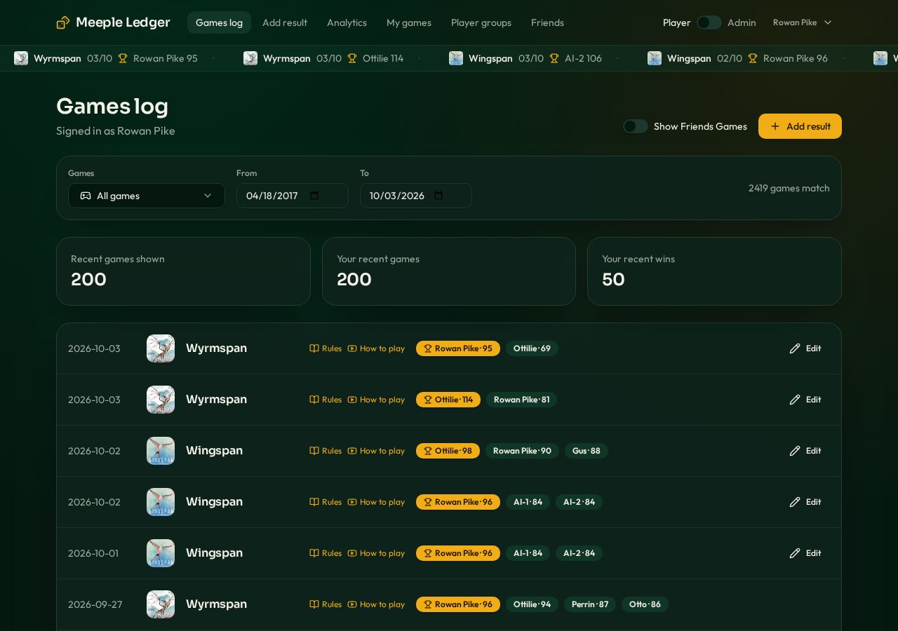 Games log page preview